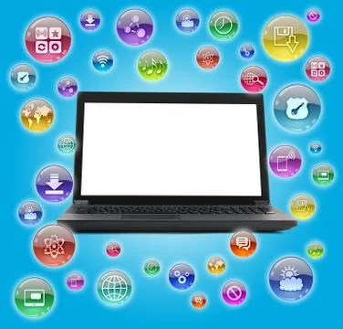 Laptop with blank screen and computer icons Stock Illustration