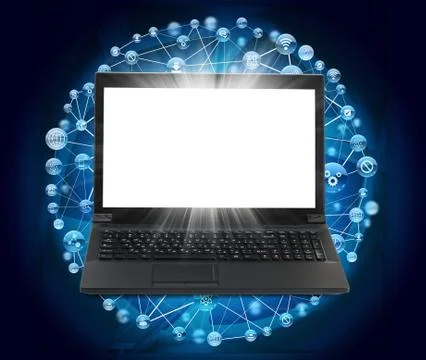 Laptop with blank screen and computer symbols Stock Illustration