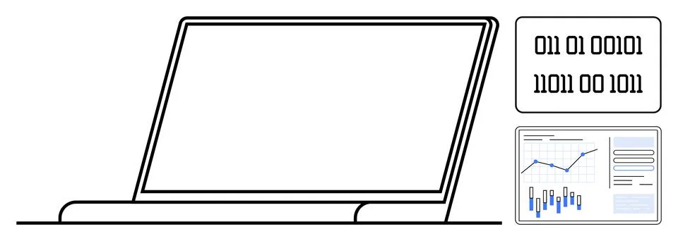 Laptop with blank screen, binary code, and data chart with graphs and bars. I Stock Illustration