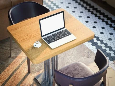 Laptop with blank screen on a cafe table. 3d rendering Stock Illustration