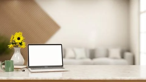 Laptop blank screen marble desk flowers mug living room workspace mockup Stock Illustration