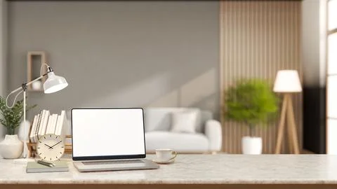 Laptop blank screen marble desk lamp clock living room workspace mockup Stock Illustration