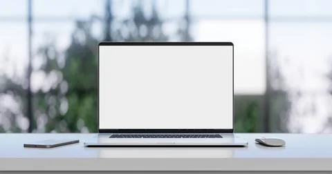 Laptop with the blank screen on the office table. Window with trees in the ba Illustrazione stock