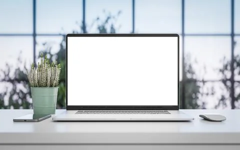 Laptop with the blank screen on the office table. Window with trees in the ba Stock Illustration
