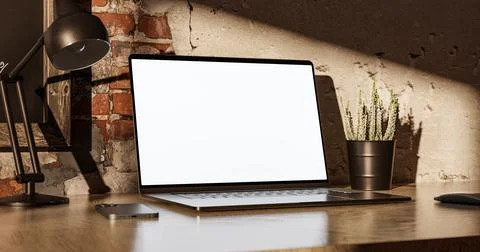 Laptop with the blank screen on the office table. Loft style, 3d illustration Stock Illustration