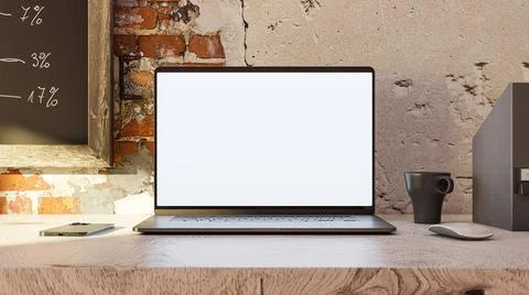 Laptop with the blank screen on the office table. Loft style, 3d illustration Stock Illustration