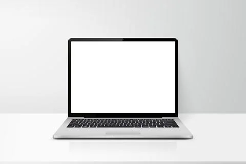 Laptop with blank screen on table realistic mock up vector illustration Stock Illustration