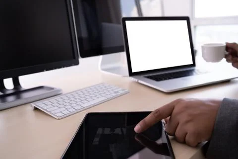 Laptop with blank screen on table. Workspace background new project on laptop Stock Photos