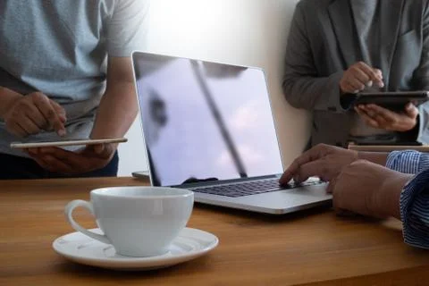 Laptop with blank screen on table. Workspace background new project on laptop Stock Photos
