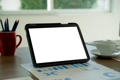 Laptop with blank screen on table. Workspace background new project on lapt.. Stock Photos