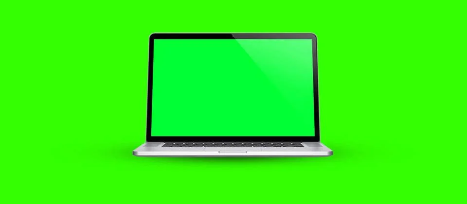 Laptop blank screen template. Computer open view, empty green screen on br... Stock Photos