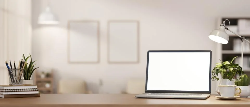 Laptop blank screen wooden desk lamp plants office workspace mockup Stock Illustration