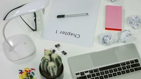 Laptop with blank sheets instant. Top view workplace writer rotation 스톡 동영상 76871667