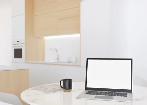 Laptop with blank white screen, on white table at home. Computer mock up. Free Illustrazione stock