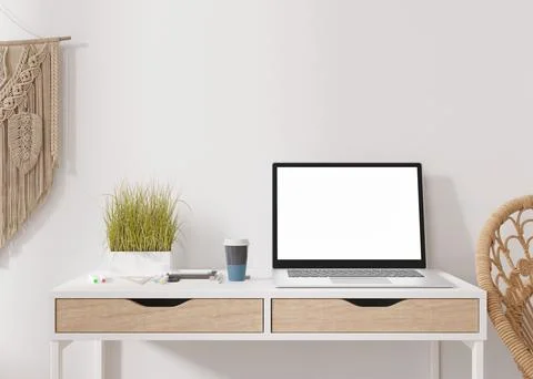 Laptop with blank white screen, on white table at home. Computer mock up. Free Illustrazione stock