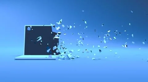 Laptop in blue light falling apart into small parts Stock Illustration