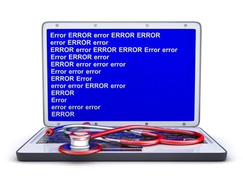 Laptop blue screen error and stethoscope. 3d illustration Stock Illustration