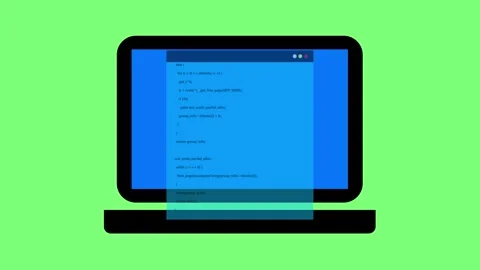 Laptop with blue screen programing code animated on green background Video stock 261798474