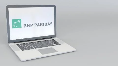 Laptop with BNP Paribas logo. Computer technology conceptual editorial 3D Illustrazione stock