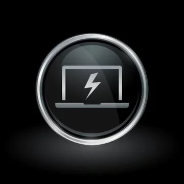 Laptop bolt flash icon inside round silver and black emblem Stock Illustration