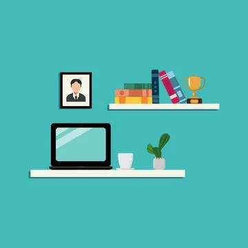 Laptop, books, cactus, trophy vector illustration. Home work concept Stock Illustration