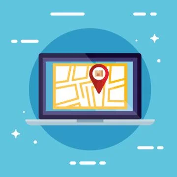 Laptop with box inside gps mark and map vector design Illustrazione stock