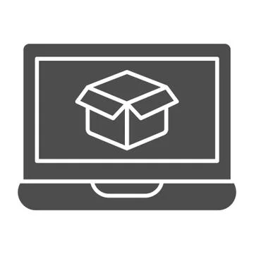 Laptop with box on screen solid icon. Notebook with cardboard box vector 스톡 일러스트