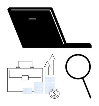 Laptop with briefcase, money stack, graph with rising arrows, and magnifying  Stock Illustration