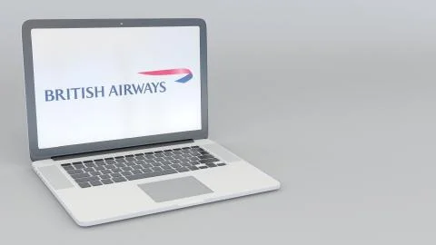 Laptop with British Airways logo. Computer technology conceptual editorial 3D Illustrazione stock