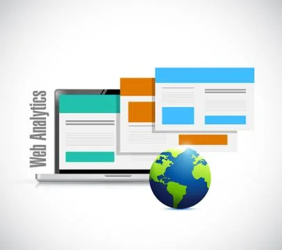 Laptop browser web analytics globe illustration Stock Illustration