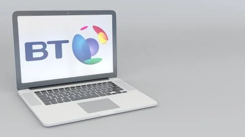 Laptop with BT Group logo. Computer technology conceptual editorial 3D rendering Illustrazione stock