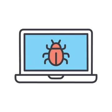 Laptop bug icon. Laptop screen with a red bug, signifying a computer virus .. Stock Illustration