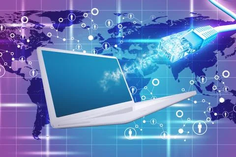 Laptop with cable and computer icons Stock Illustration