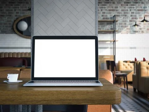Laptop on the cafe table. 3d rendering Stock Illustration