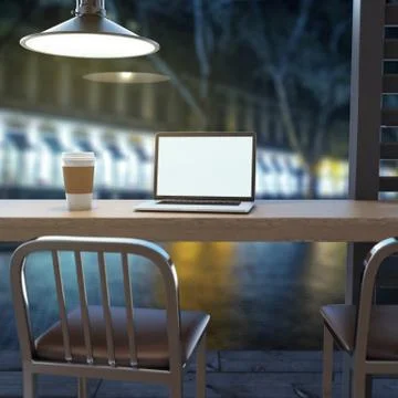 Laptop on cafe table 库存插图