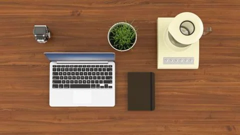Laptop, camera, notebook, potted wheat grass and a blender on desk Stock Illustration