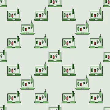 Laptop with Candlestick Chart vector colored seamless pattern Stock Illustration
