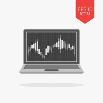 Laptop with candlesticks chart on screen icon. Stock market trading concept.  Stock Illustration