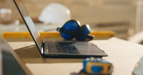 Laptop, carpentry and workshop with woodwork equipment, furniture manufacturing Stock Footage 341389317