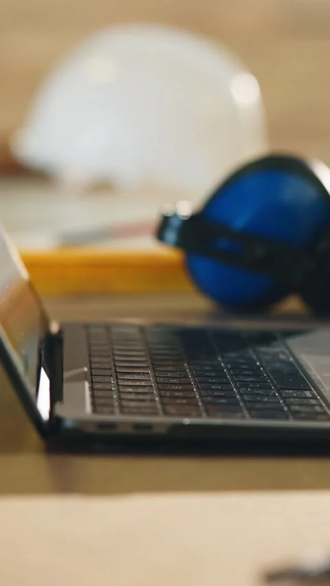 Laptop, carpentry or workshop with headphones, tools or gear for woodwork Stock Footage 343916930