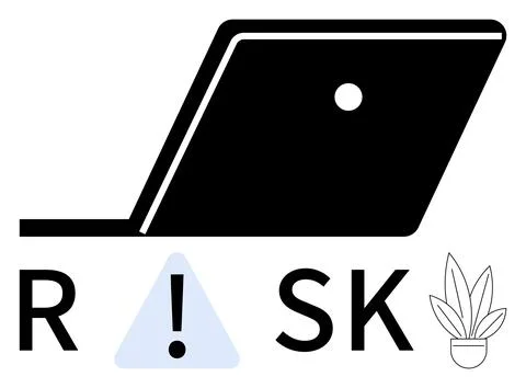 Laptop with Caution Exclamation Mark Surrounded by RISK Text and Plant Pot Stock-Illustration