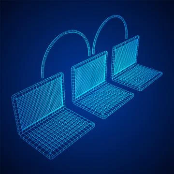 Laptop chain. Blockchain big data flow information. Stock Illustration