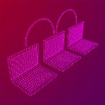 Laptop chain. Blockchain big data flow information. イラスト素材