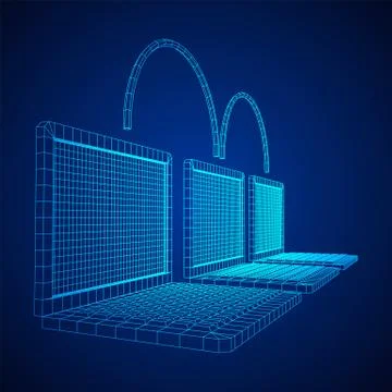 Laptop chain. Blockchain big data flow information. Stockillustratie