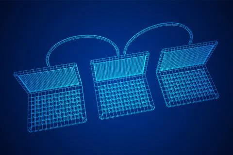 Laptop chain. Blockchain big data flow information. イラスト素材