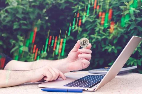 Laptop with chart and bitcoin in hands. Cryptocurrency gold coin, stock exc.. Stock Photos