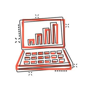 Laptop chart icon in comic style. SEO data cartoon vector illustration on whi 库存插图
