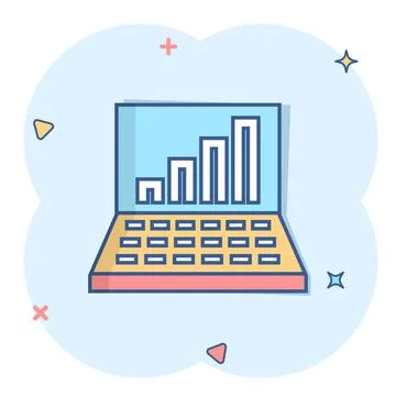 Laptop chart icon in comic style. SEO data cartoon vector illustration on whi Stock Illustration