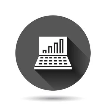 Laptop chart icon in flat style. SEO data vector illustration on black round  Stock Illustration