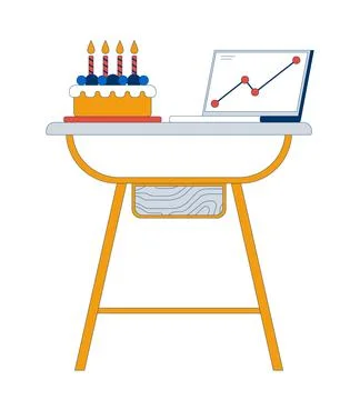 Laptop chart with party cake on side table 2D cartoon object Stock Illustration